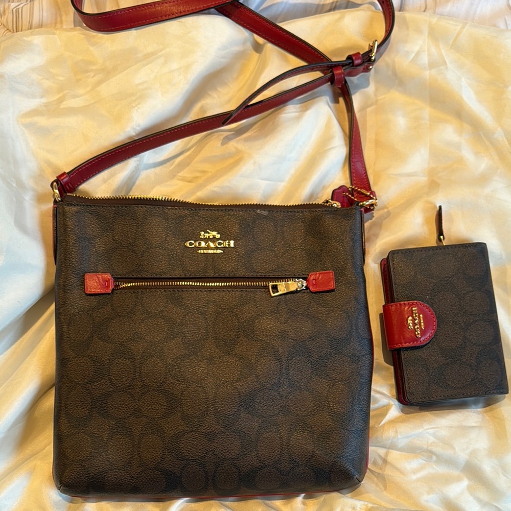 Coach Brown and Red Crossbody Bag with Wallet